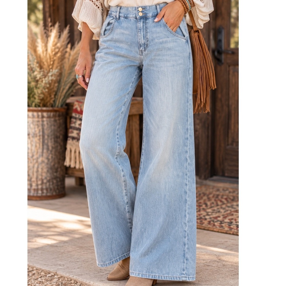 Uniqlo Jeans Women 28 Light Wash Wide Leg High Rise Denim Pants Festival Boho